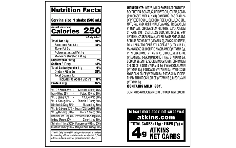 Nutrition facts of Atkins meal replacement shake