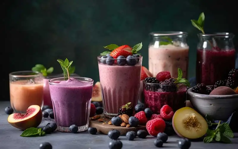 Freshly blended fruit smoothies of various colors and tastes in glass with raspberries, blueberries, strawberries, peach and mint, healthy lifestyle