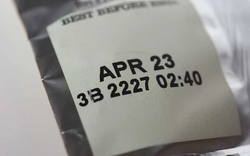 Expiry date label on a product packet