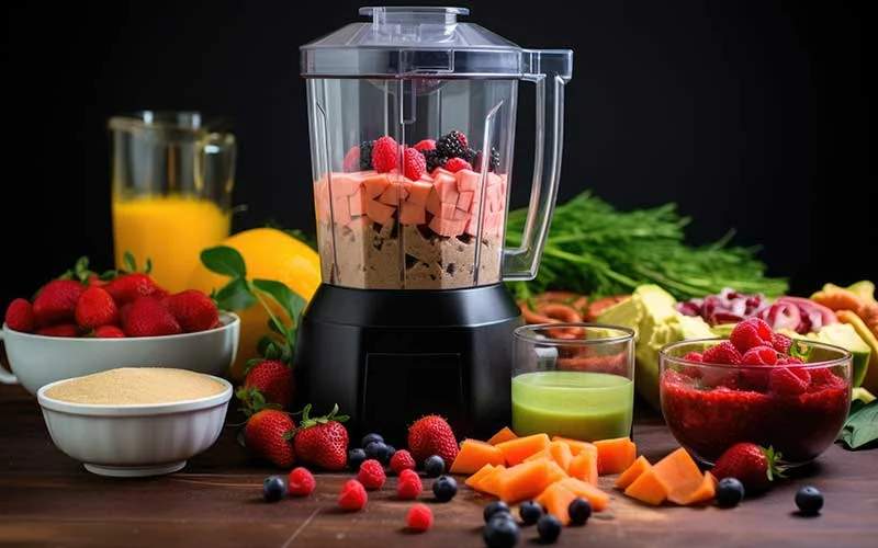 food processor with fresh fruits and veggies  for meal replacement shake.