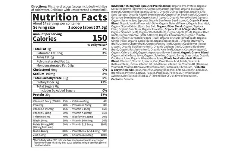 Nutrition facts of garden of life organic meal replacement shake.