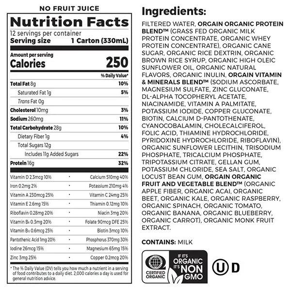 Nutrition Facts of Orgain Organic Shake. Before diving into the list of ingredients in this organic nutrition drink, it's critical to bear in mind that when ingesting any dietary supplements, carefully evaluating the amounts of each ingredient is necessary. You can clearly grasp the possible impacts that these supplements may have on you by completing this step