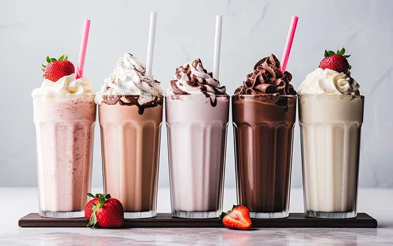 A collection of various mouthwatering shakes displayed against a white backdrop