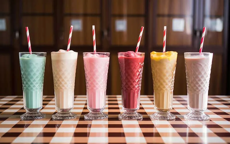 Meal replacement shake glasses lined up on a checkered floor