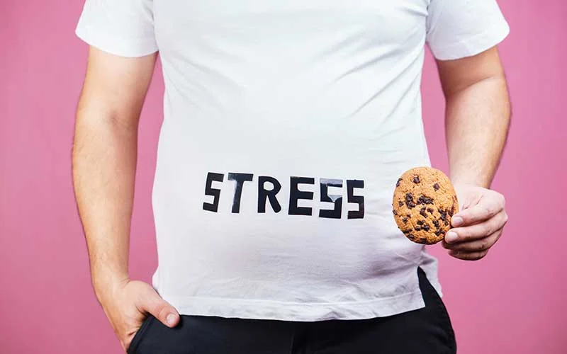 Overweight man holding a chocolate chip cookie with the word stress written on his shirt.