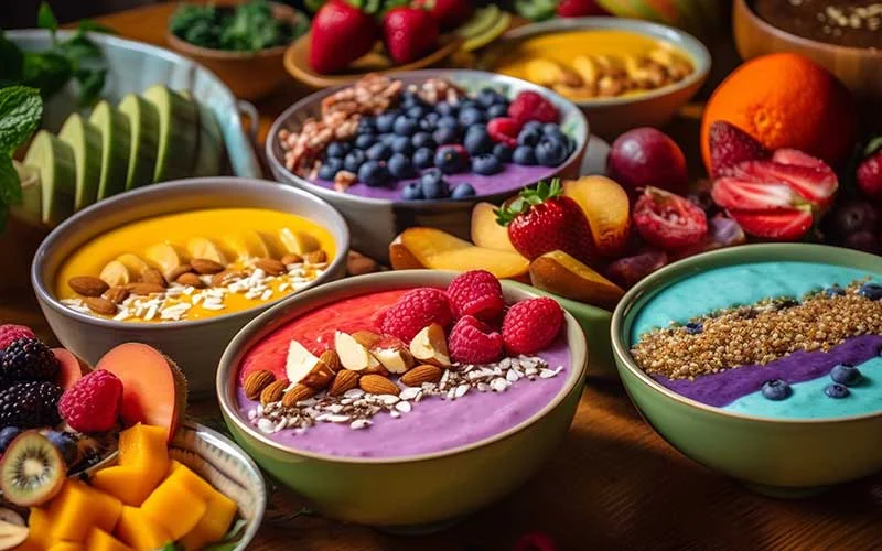 Organic berry bowl with granola, yogurt, and multi colored fruit variation