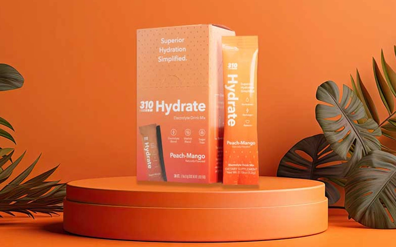 310 Electrolyte drink mix on leafy orange background