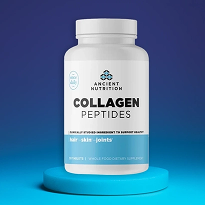 Ancient Nutrition collagen peptides on blue background