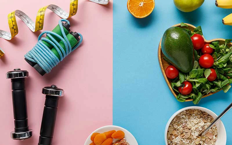 delicious diet food and sport equipment with measuring tape on blue and pink background