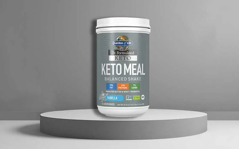 Garden of Life keto meal balanced shake on grey background.