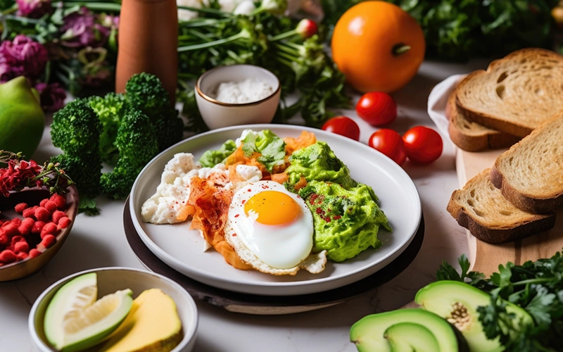 eggs with avocado toast surrounded by fresh ingredients