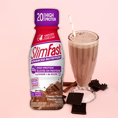 Slimfast creamy chocolate flavor on pink background
