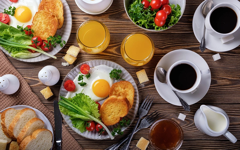 breakfast with a healthy meal on wooden background