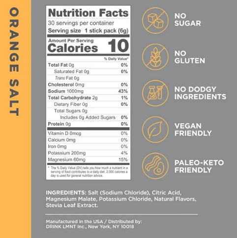 Nutrition facts of LMNT Electrolyte orange salt 