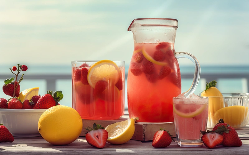Summer iced cold drink with strawberry and lemon
